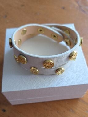 White Genuine Leather & Floral Gold-Studded Double Wrap Bracelet